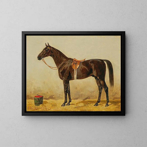 Caballo negro en el establo II - Emil Volkers — cuadro enmarcado en la pared