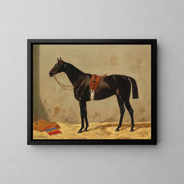Caballo negro en el establo - Emil Volkers — cuadro enmarcado en la pared