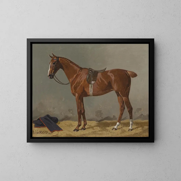 de caballo marrón herrado en el establo - Emil Volkers — cuadro enmarcado en la pared