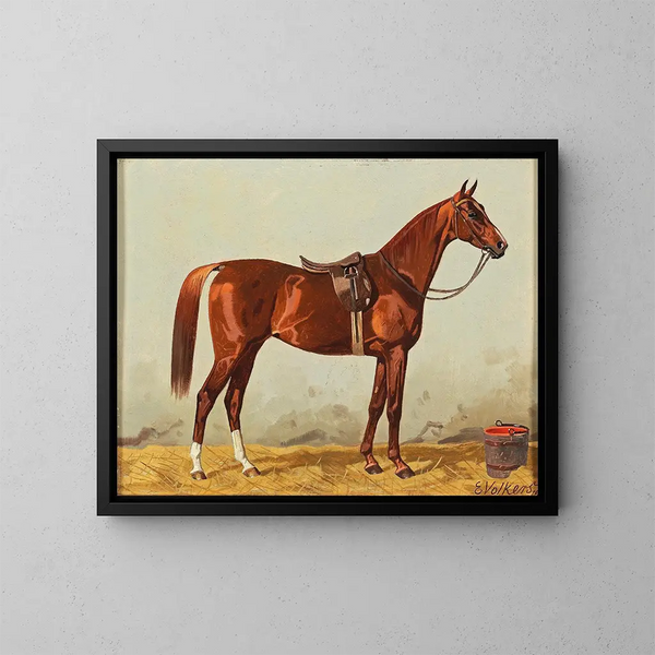 de caballo marrón en el establo con una manta de silla - Emil Volkers — cuadro enmarcado en la pared