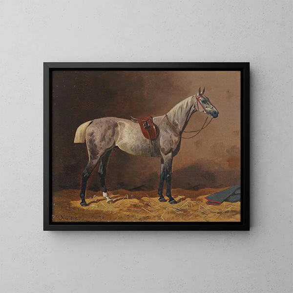 Caballo de carreras sellado en el establo - Emil Volkers — cuadro enmarcado en la pared