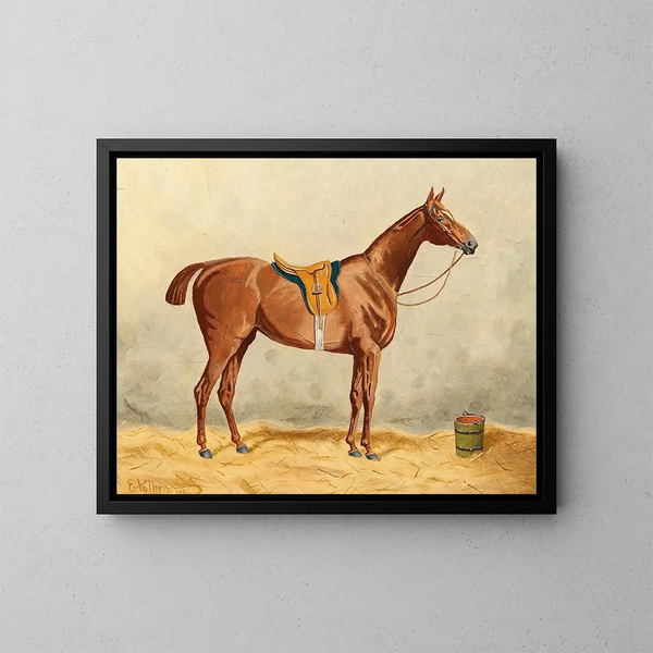 Caballo sellado en el establo - Emil Volkers — cuadro enmarcado en la pared