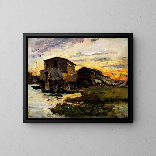 Bateau-lavoir sur la Seine aux environs de Paris - Émile Antoine Guillier — framed artwork on a wall