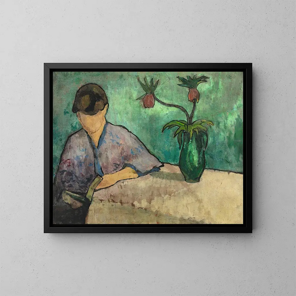 Young woman reading in kimono - Émile Bernard — framed artwork on a wall