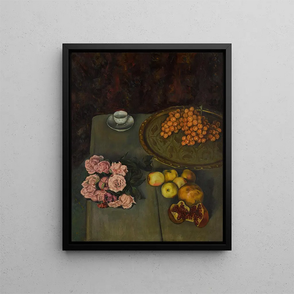 Naturaleza muerta con rosas y frutas - Émile Bernard — cuadro enmarcado en la pared