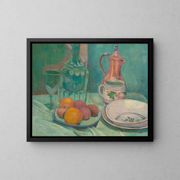 naturaleza muerta con jarra, vaso, frutas, platos, taza y cafetera - Émile Bernard — cuadro enmarcado en la pared