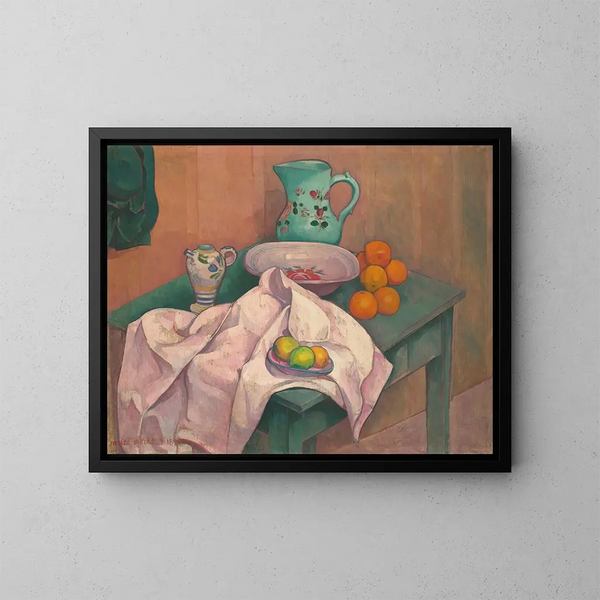 naturaleza muerta con jarra, plato y frutas sobre servilleta desplegada - Émile Bernard — cuadro enmarcado en la pared