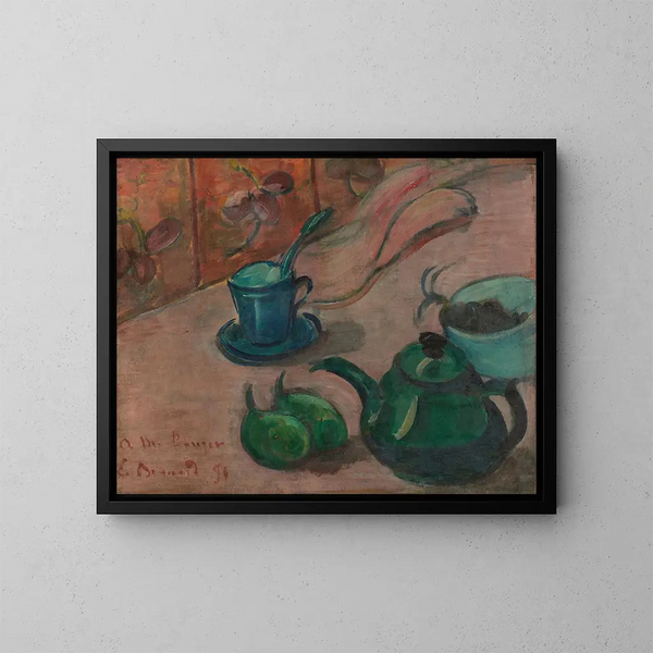 naturaleza muerta con tetera, taza y frutas - Émile Bernard — cuadro enmarcado en la pared