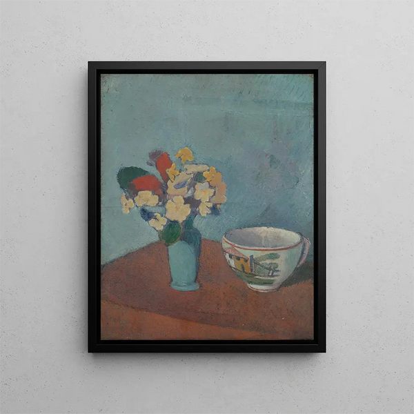 Jarrón con flores y taza - Émile Bernard — cuadro enmarcado en la pared