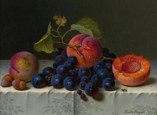 Peach, grape, and nut still life painting on a table - Emilie Preyer — artwork view