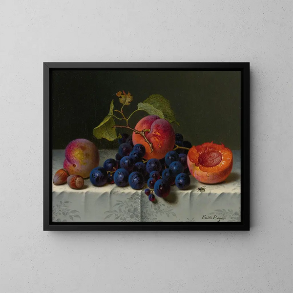 naturaleza muerta de duraznos, uvas y nueces en una mesa - Emilie Preyer — cuadro enmarcado en la pared