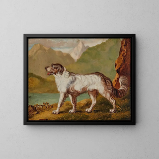Un perro de pelo largo junto a un lago de montaña - Escuela inglesa — cuadro enmarcado en la pared
