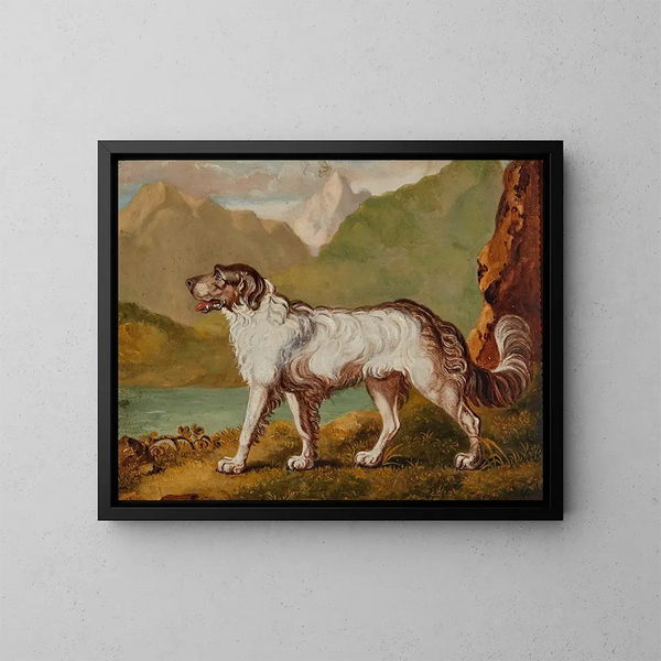 Un perro de pelo largo junto a un lago de montaña - Escuela inglesa — cuadro enmarcado en la pared