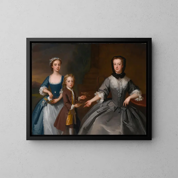 Portrait of Mrs. Finch with her son and daughter - Enoch Seeman — framed artwork on a wall