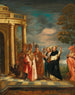 Saint Thomas d'Aquin con los santos Ambrosio Augusto, el Papa Gregorio Magno y Jerónimo contemplando la Sagrada Eucaristía - Erasmus de Bie — vista de la obra