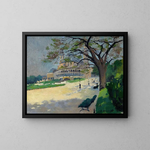 The Palais de Trocadéro seen from the gardens - Ernest Jules Renoux — framed artwork on a wall