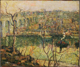 Puente elevado bajo la luna creciente - Ernest Lawson — vista de la obra