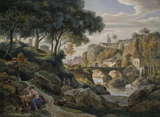 Paisaje de montaña italiano con puente de piedra - Ernst Fries — vista de la obra