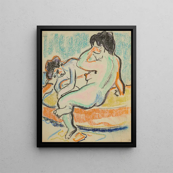 a seated and reclining nude on the bed - Ernst Ludwig Kirchner — framed artwork on a wall