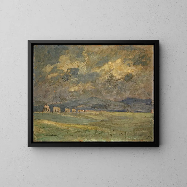 Countryside with distant aqueduct - Ernst Schiess — framed artwork on a wall