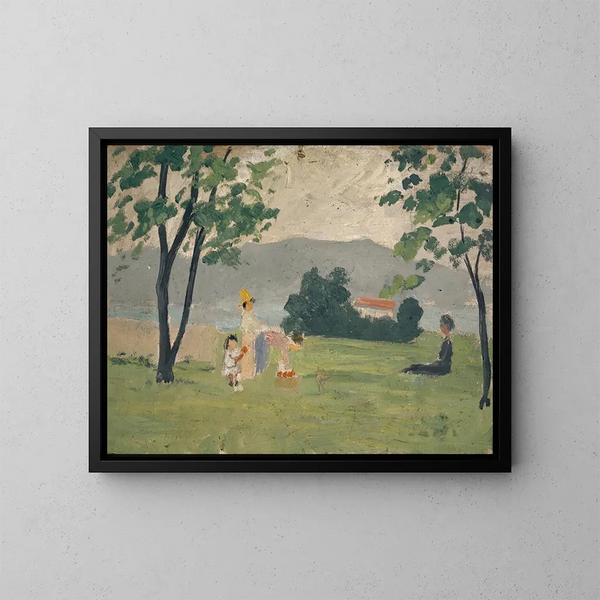 Women and Child in a Meadow - Ernst Schiess — framed artwork on a wall