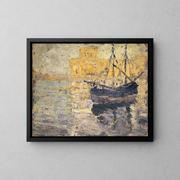 Port with Sailboat - Ernst Schiess — framed artwork on a wall