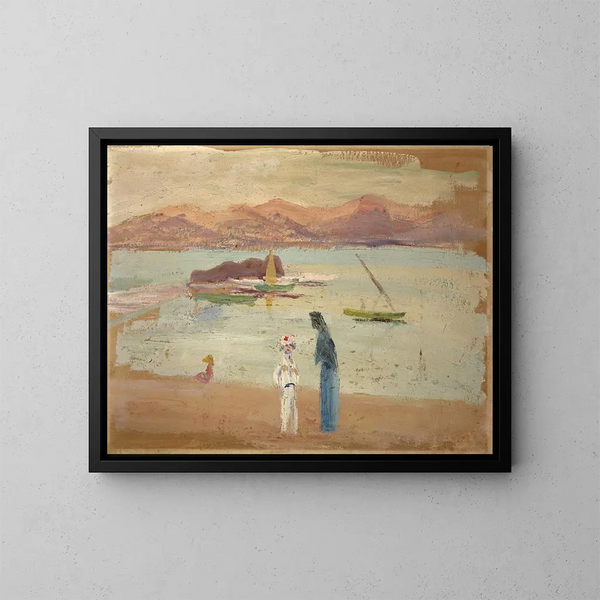 Boy sailor, small boats and arms of the sea - Ernst Schiess — framed artwork on a wall