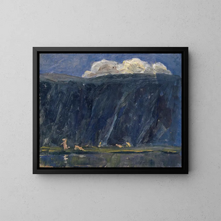 Mountain lake with nude figures - Ernst Schiess — framed artwork on a wall