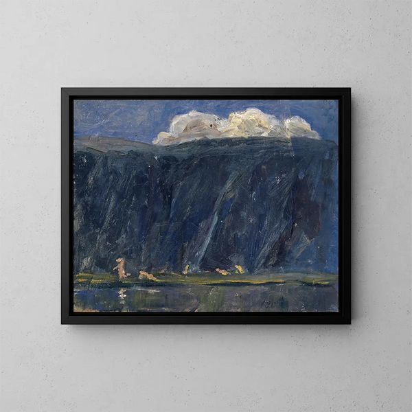 Mountain lake with nude figures - Ernst Schiess — framed artwork on a wall