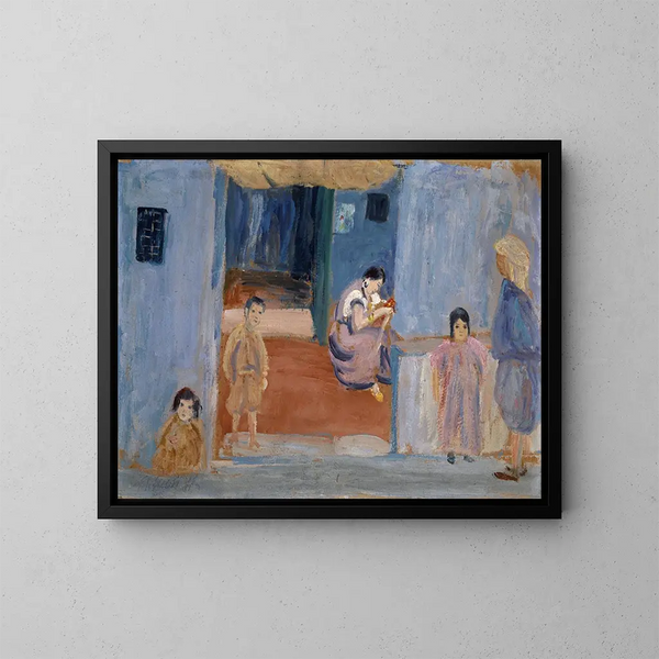 Native People in front of their dwelling - Ernst Schiess — framed artwork on a wall