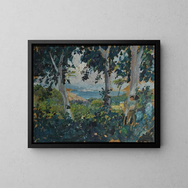 Vista a través de los árboles sobre una bahía del sur junto al mar - Ernst Schiess — cuadro enmarcado en la pared