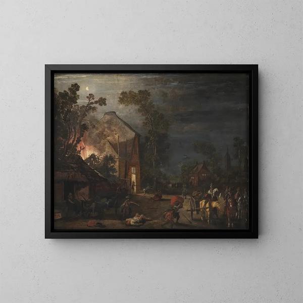 A village pillaged at night - Esaias van de Velde — framed artwork on a wall