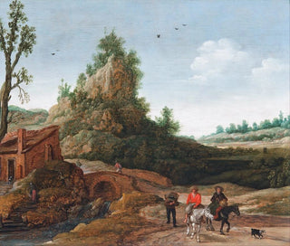 a landscape with travelers crossing a bridge in front of a small dwelling, with horsemen in the foreground - Esaias van de Velde — artwork view