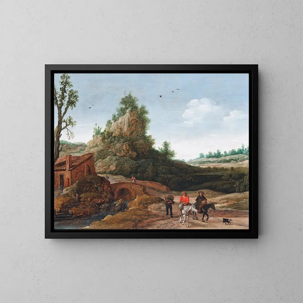a landscape with travelers crossing a bridge in front of a small dwelling, with horsemen in the foreground - Esaias van de Velde — framed artwork on a wall