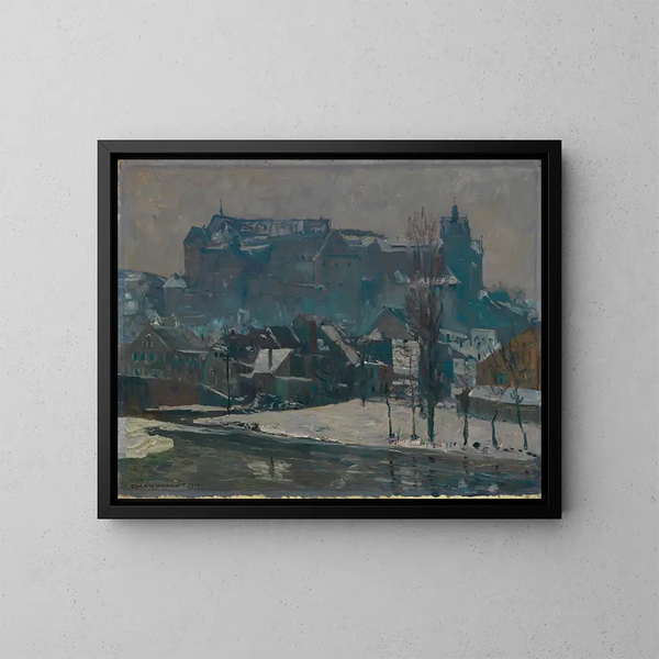 Kolditz sur la Mulde dans la neige - Eugen Bracht — framed artwork on a wall