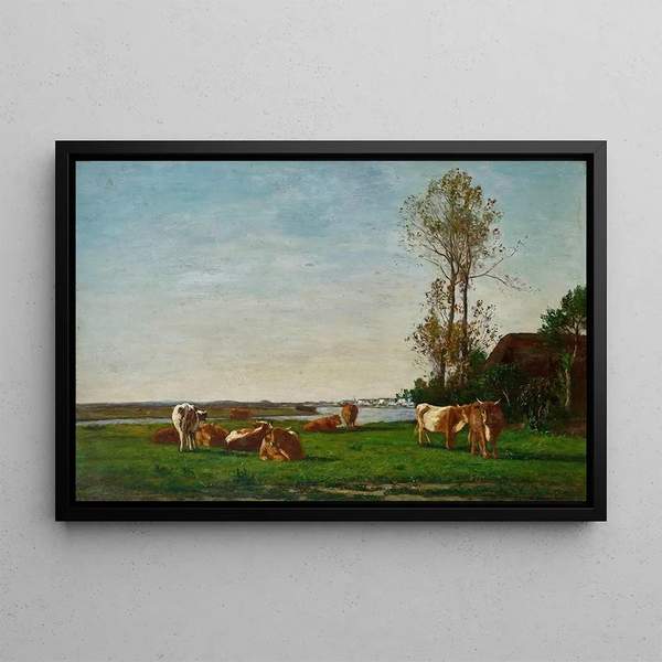 la casa de campo y el pastizal en las orillas de la Touques - Eugène Boudin — cuadro enmarcado en la pared