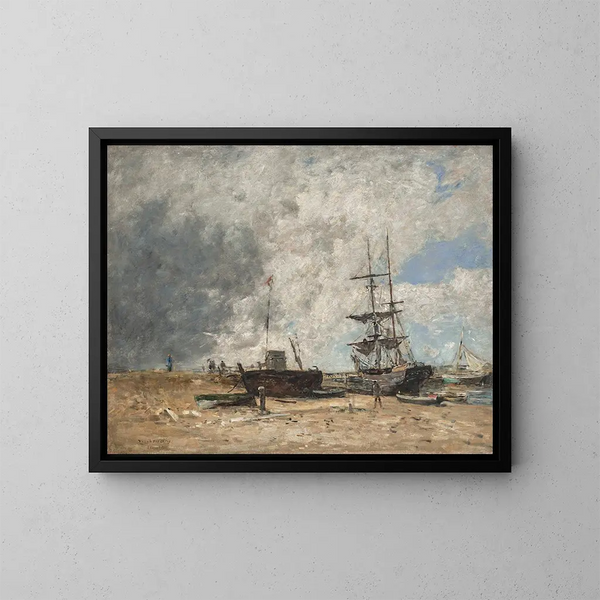 La costa de Trouville, marea baja - Eugène Boudin — cuadro enmarcado en la pared