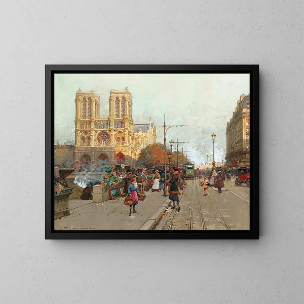 Notre-Dame de París vista desde el muelle de Montebello - Eugène Galien-Laloue — cuadro enmarcado en la pared