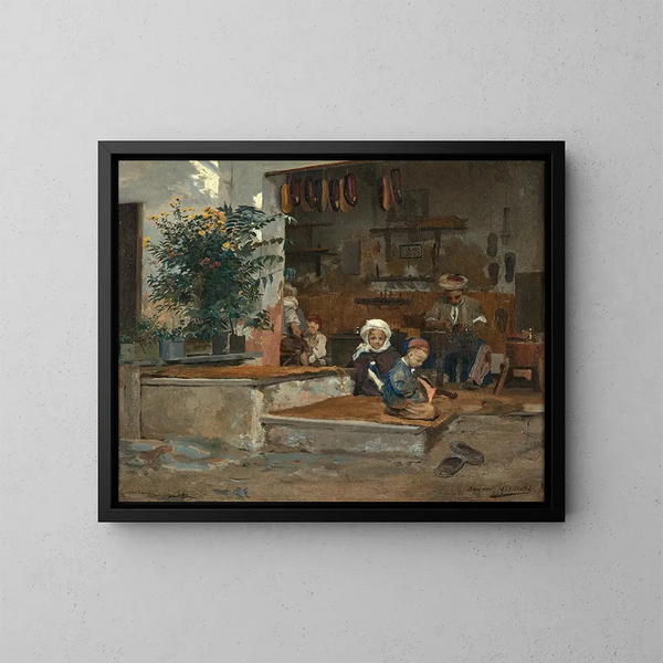 Dos niños frente a la tienda - Eugène Girardet — cuadro enmarcado en la pared