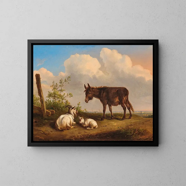 Un burro y cabras en un camino rural - Eugène Joseph Verboeckhoven — cuadro enmarcado en la pared
