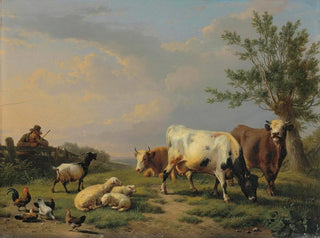 un granjero con tres vacas, tres ovejas, una cabra y cinco gallinas en un paisaje - Eugène Joseph Verboeckhoven — vista de la obra