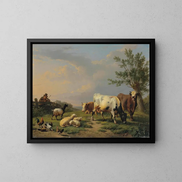 un granjero con tres vacas, tres ovejas, una cabra y cinco gallinas en un paisaje - Eugène Joseph Verboeckhoven — cuadro enmarcado en la pared