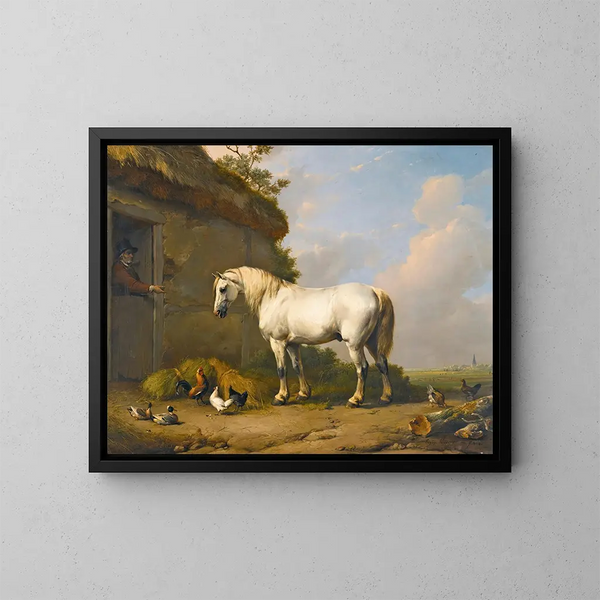 la puerta del establo - Eugène Joseph Verboeckhoven — cuadro enmarcado en la pared