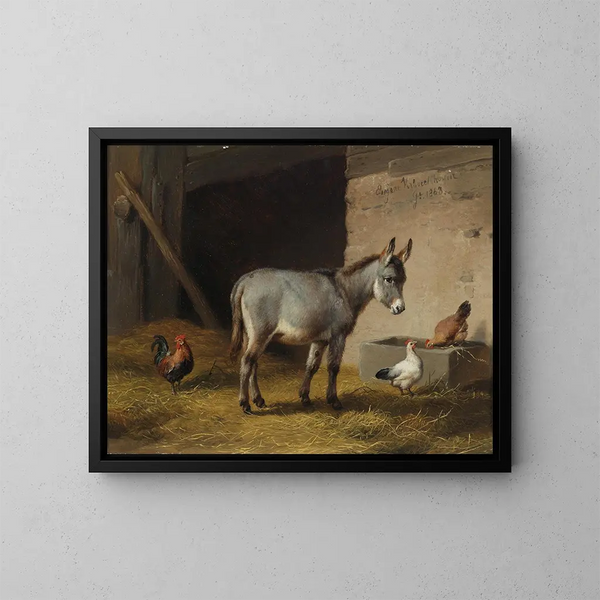 Burro y gallinas en la establo - Eugène Joseph Verboeckhoven — cuadro enmarcado en la pared