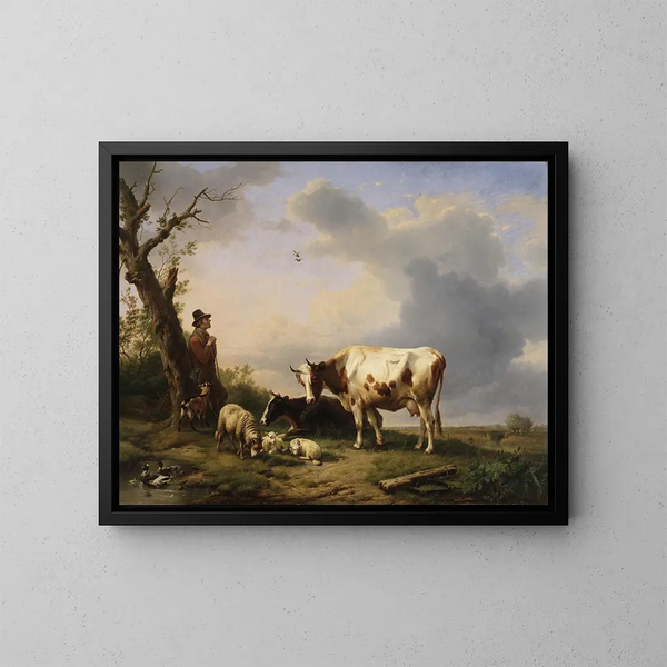Paisaje con animales - Eugène Joseph Verboeckhoven — cuadro enmarcado en la pared