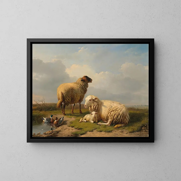 ovejas, corderos y patos cerca de un estanque - Eugène Joseph Verboeckhoven — cuadro enmarcado en la pared