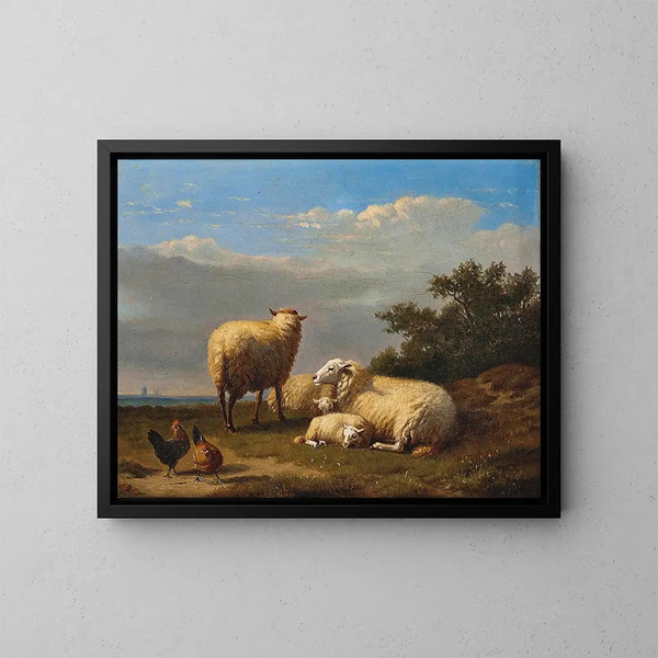 ovejas y aves de corral en el pastizal - Eugène Joseph Verboeckhoven — cuadro enmarcado en la pared