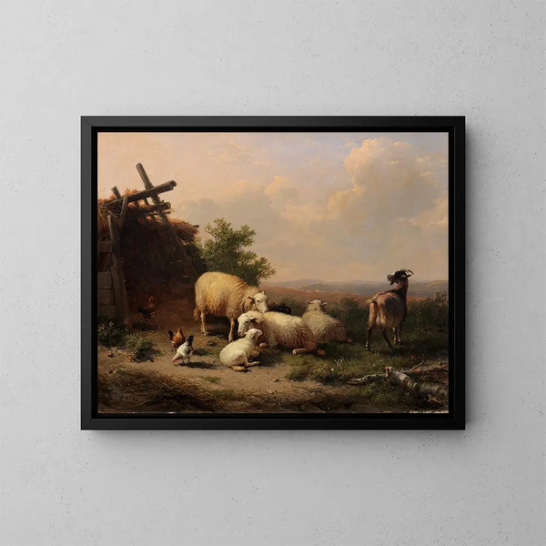 ovejas, cabras y aves cerca de un refugio en un paisaje ondulado - Eugène Joseph Verboeckhoven — cuadro enmarcado en la pared