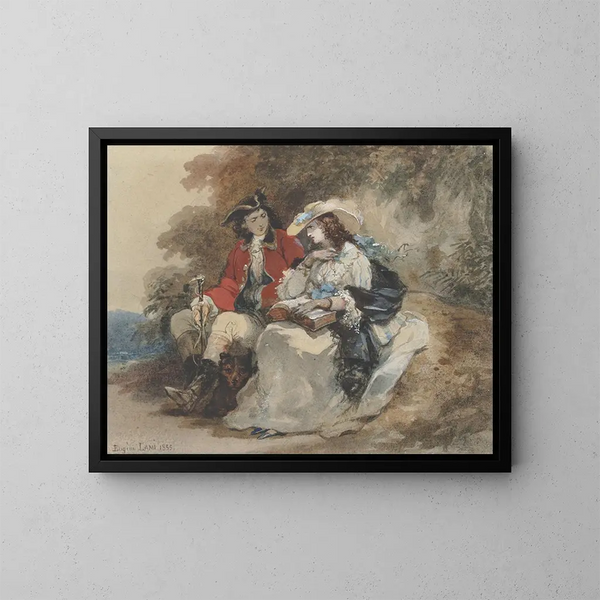 Una pareja elegante descansando en un paisaje boscoso - Eugène Lami — cuadro enmarcado en la pared