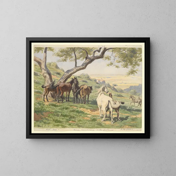 Caballos en un campo en Tivoli - Évart Louis van Muyden — cuadro enmarcado en la pared